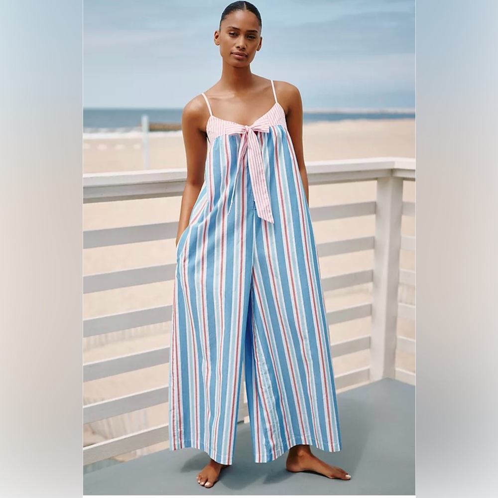 Anthropologie Pink & Blue Striped Wide-Leg Jumpsuit - Picture 8 of 8